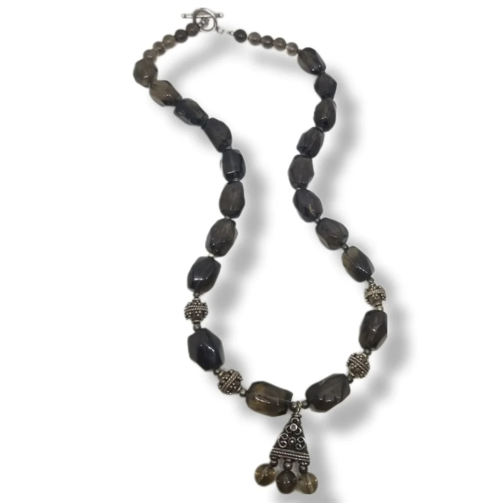 VINTAGE GENUINE SMOKY TOPAZ & STERLING SILVER STATEMENT NECKLACE